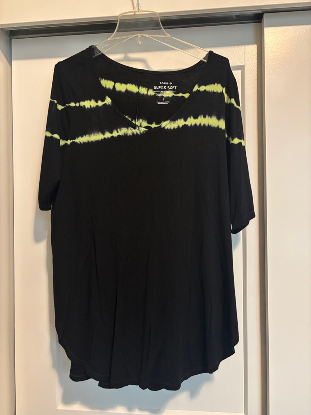 torrid Black Short Sleeve V-Neck Top with Neon Yellow Tie-Dye Stripe